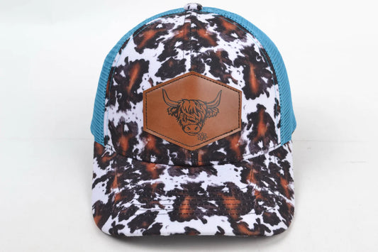 Black and Brown Highland Cow Trucker Hat In Blue