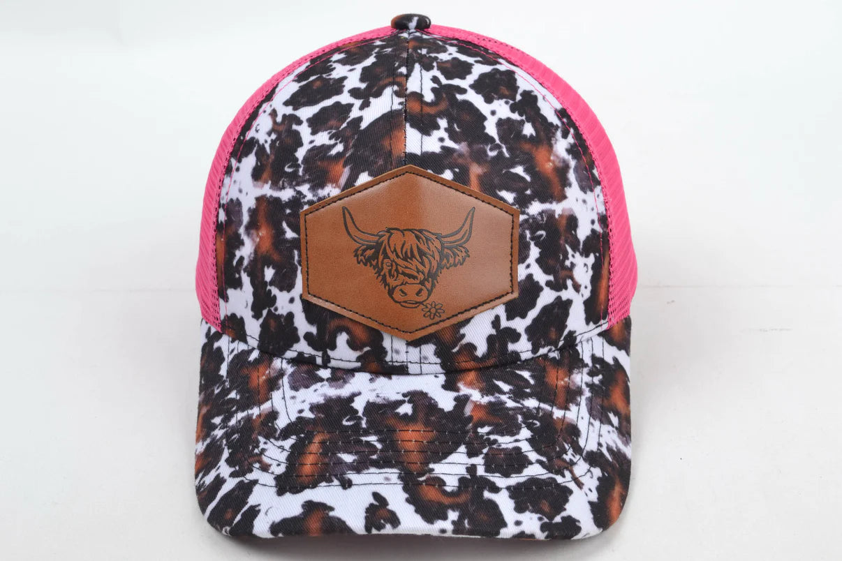 Black and Brown Highland Cow Trucker Hat In Pink