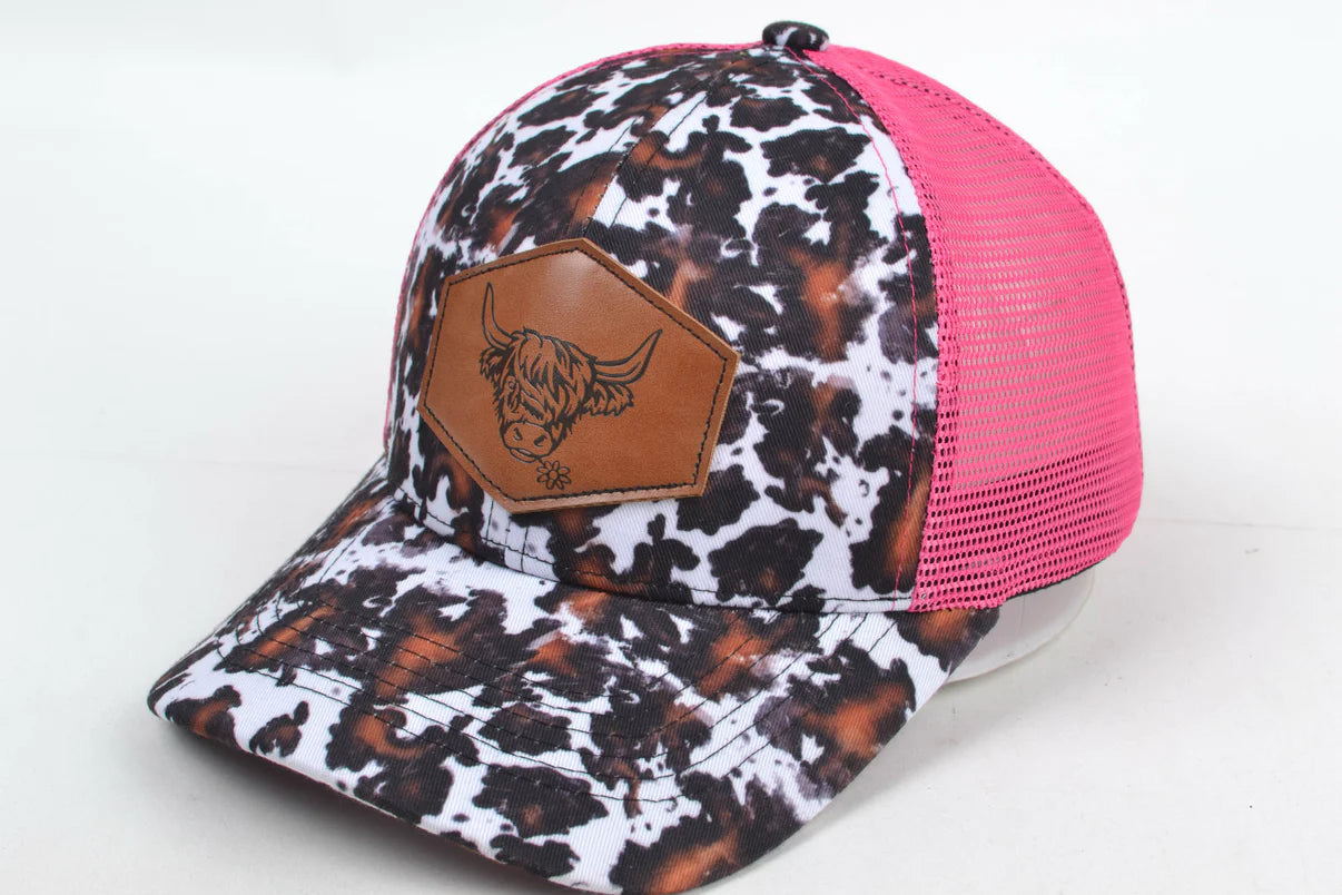 Black and Brown Highland Cow Trucker Hat In Pink