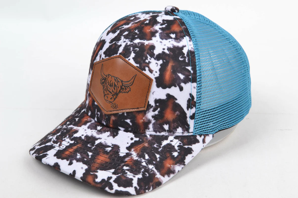 Black and Brown Highland Cow Trucker Hat In Blue